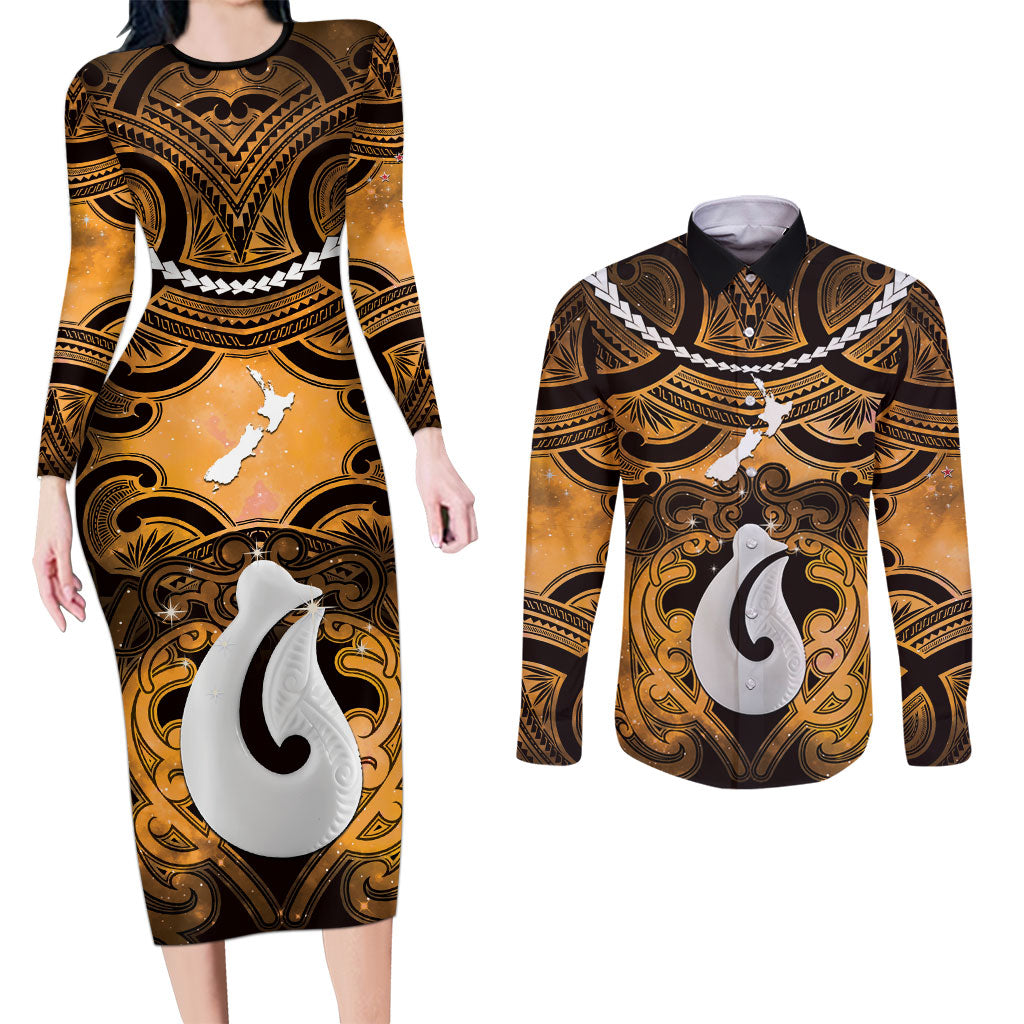 Personalised Maori Matariki Hei Matau Kowhai Couples Matching Long Sleeve Bodycon Dress and Long Sleeve Button Shirt Maori Kowhaiwhai Pattern Galaxy