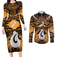 Personalised Maori Matariki Hei Matau Kowhai Couples Matching Long Sleeve Bodycon Dress and Long Sleeve Button Shirt Maori Kowhaiwhai Pattern Galaxy