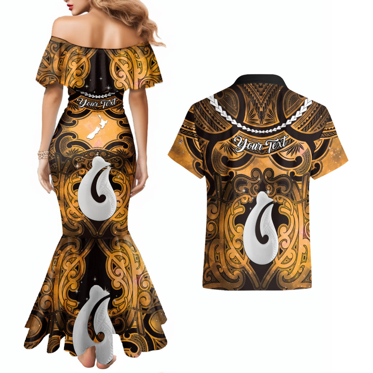 Personalised Maori Matariki Hei Matau Kowhai Couples Matching Mermaid Dress and Hawaiian Shirt Maori Kowhaiwhai Pattern Galaxy