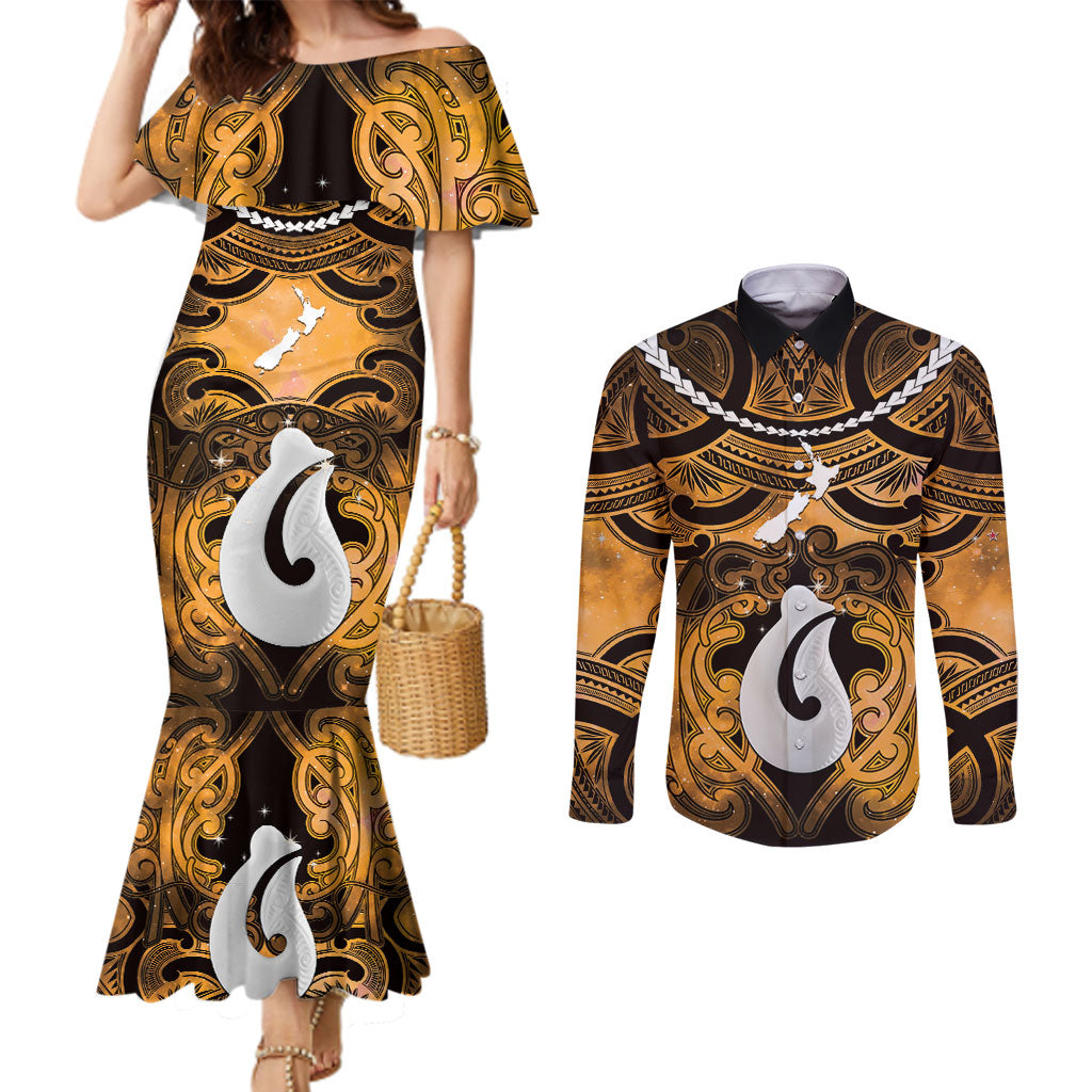 Personalised Maori Matariki Hei Matau Kowhai Couples Matching Mermaid Dress and Long Sleeve Button Shirt Maori Kowhaiwhai Pattern Galaxy