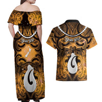 Personalised Maori Matariki Hei Matau Kowhai Couples Matching Off Shoulder Maxi Dress and Hawaiian Shirt Maori Kowhaiwhai Pattern Galaxy