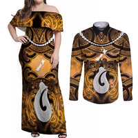 Personalised Maori Matariki Hei Matau Kowhai Couples Matching Off Shoulder Maxi Dress and Long Sleeve Button Shirt Maori Kowhaiwhai Pattern Galaxy