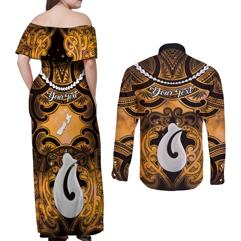Personalised Maori Matariki Hei Matau Kowhai Couples Matching Off Shoulder Maxi Dress and Long Sleeve Button Shirt Maori Kowhaiwhai Pattern Galaxy