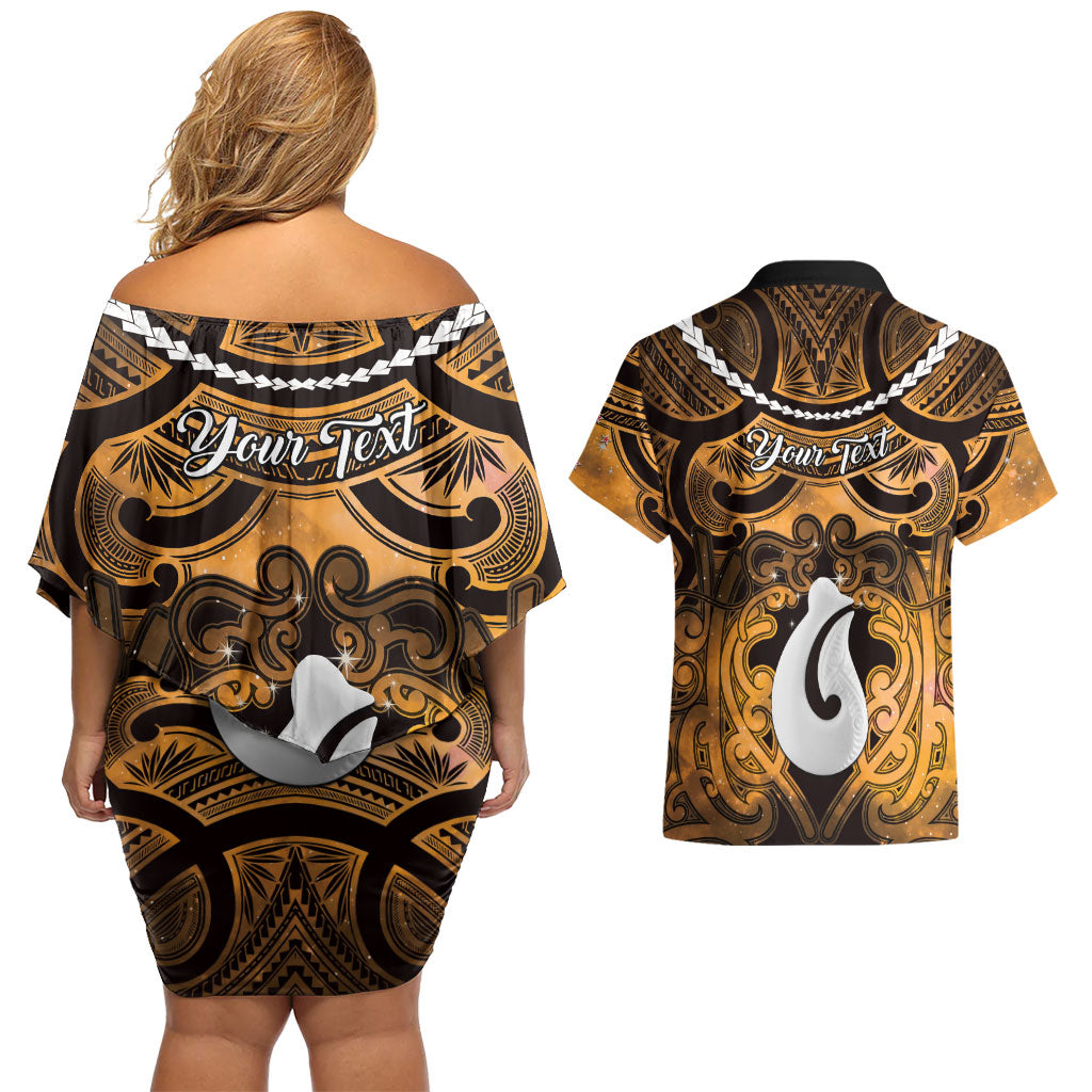 Personalised Maori Matariki Hei Matau Kowhai Couples Matching Off Shoulder Short Dress and Hawaiian Shirt Maori Kowhaiwhai Pattern Galaxy