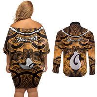 Personalised Maori Matariki Hei Matau Kowhai Couples Matching Off Shoulder Short Dress and Long Sleeve Button Shirt Maori Kowhaiwhai Pattern Galaxy