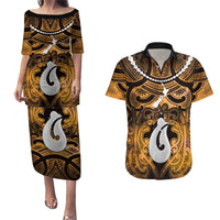 Personalised Maori Matariki Hei Matau Kowhai Couples Matching Puletasi and Hawaiian Shirt Maori Kowhaiwhai Pattern Galaxy