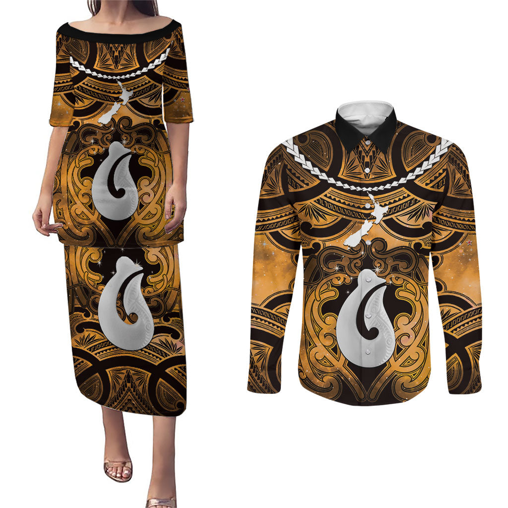 Personalised Maori Matariki Hei Matau Kowhai Couples Matching Puletasi and Long Sleeve Button Shirt Maori Kowhaiwhai Pattern Galaxy