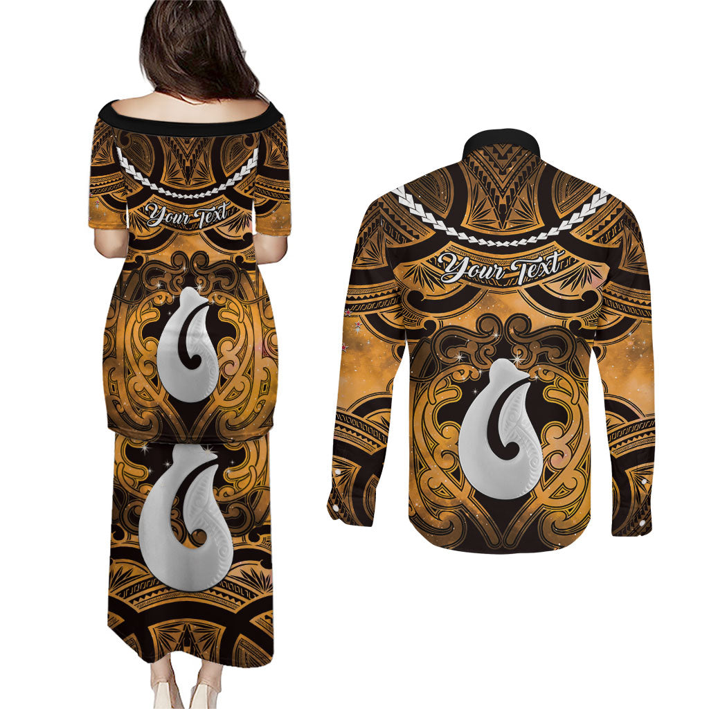 Personalised Maori Matariki Hei Matau Kowhai Couples Matching Puletasi and Long Sleeve Button Shirt Maori Kowhaiwhai Pattern Galaxy