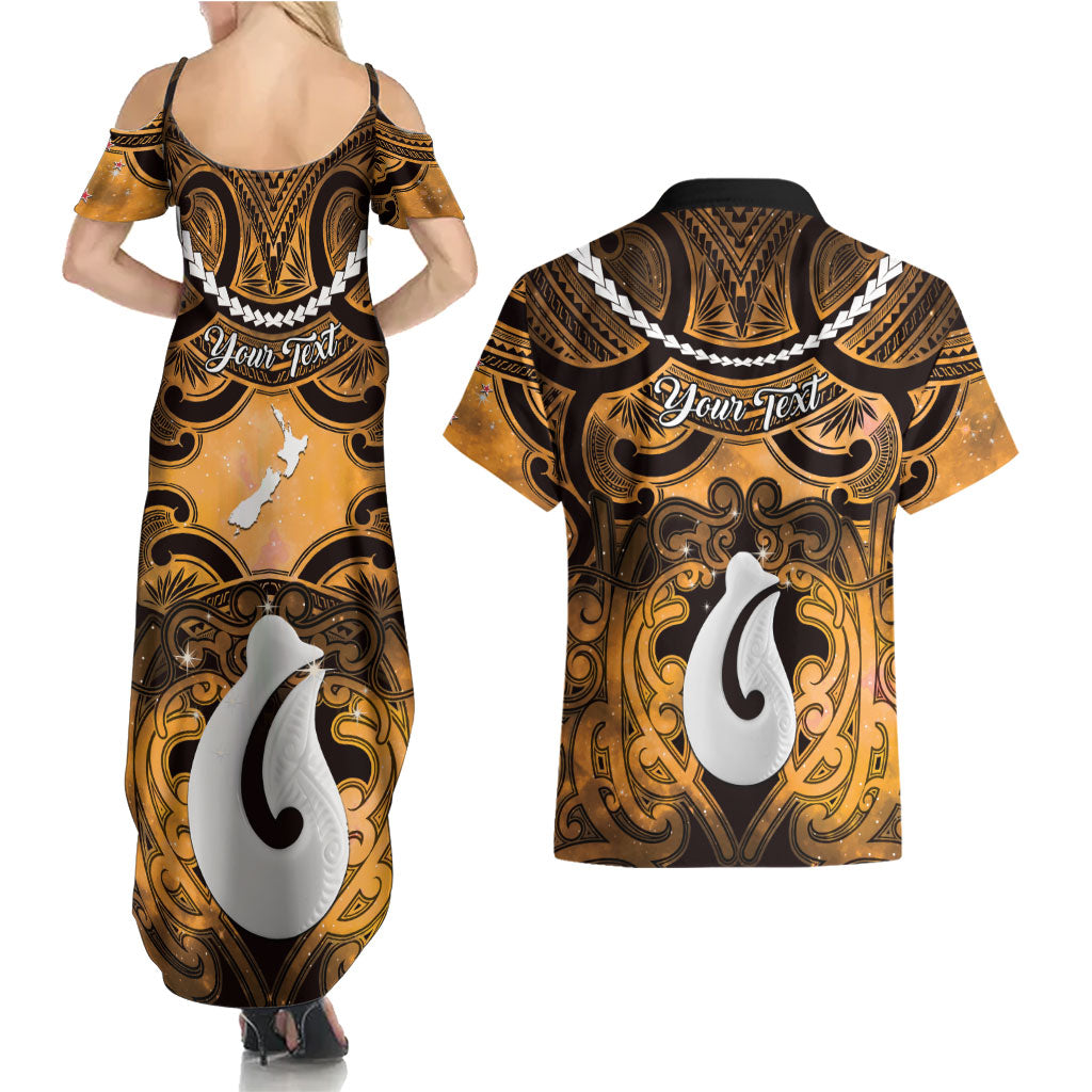 Personalised Maori Matariki Hei Matau Kowhai Couples Matching Summer Maxi Dress and Hawaiian Shirt Maori Kowhaiwhai Pattern Galaxy