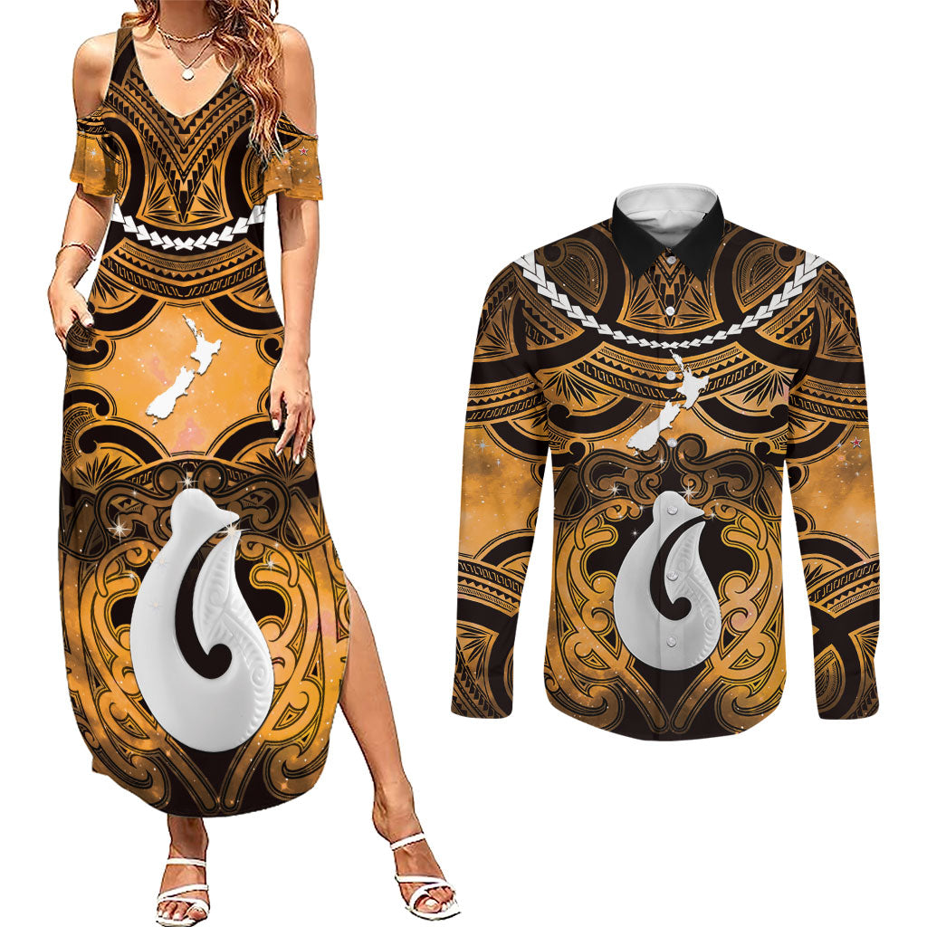 Personalised Maori Matariki Hei Matau Kowhai Couples Matching Summer Maxi Dress and Long Sleeve Button Shirt Maori Kowhaiwhai Pattern Galaxy