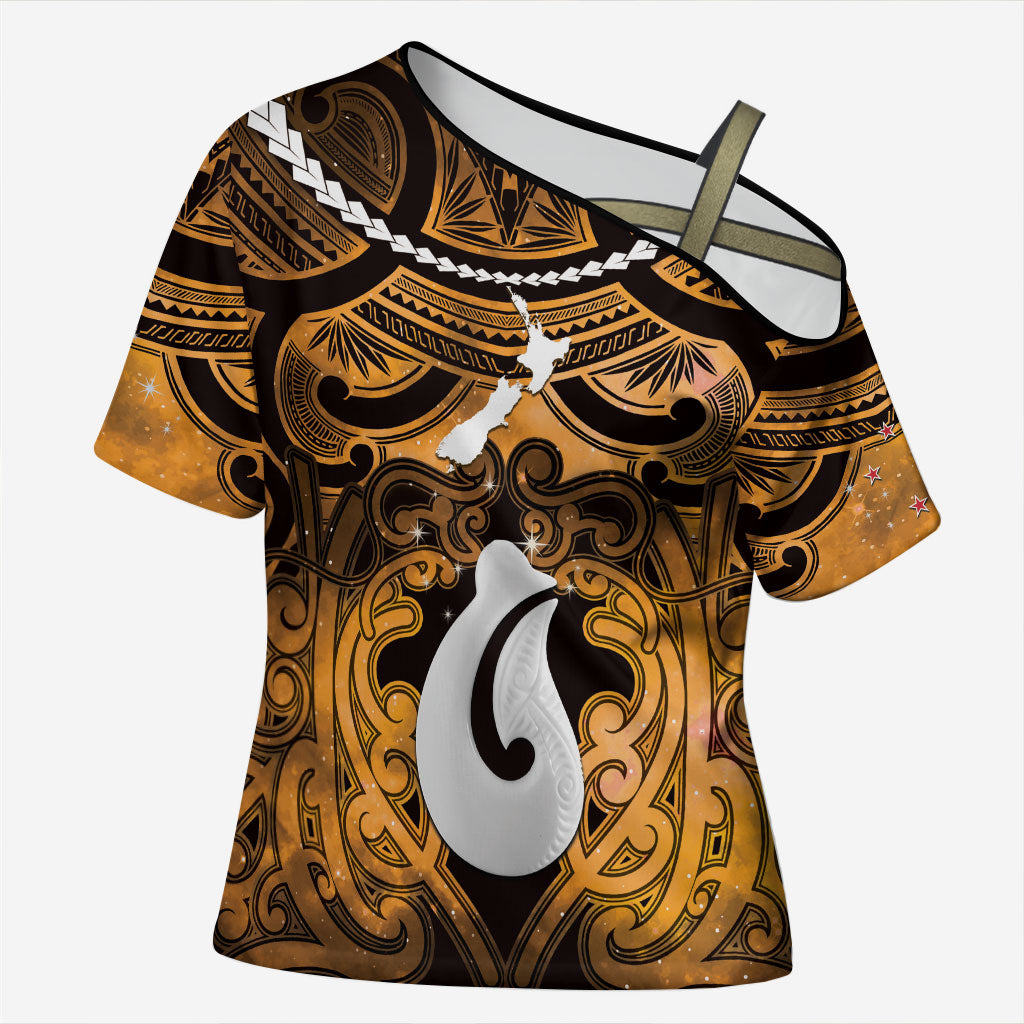 Personalised Maori Matariki Hei Matau Kowhai Cross Shoulder Shirt Maori Kowhaiwhai Pattern Galaxy LT01 Female Yellow - Polynesian Pride