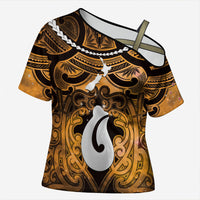 Personalised Maori Matariki Hei Matau Kowhai Cross Shoulder Shirt Maori Kowhaiwhai Pattern Galaxy LT01 Female Yellow - Polynesian Pride