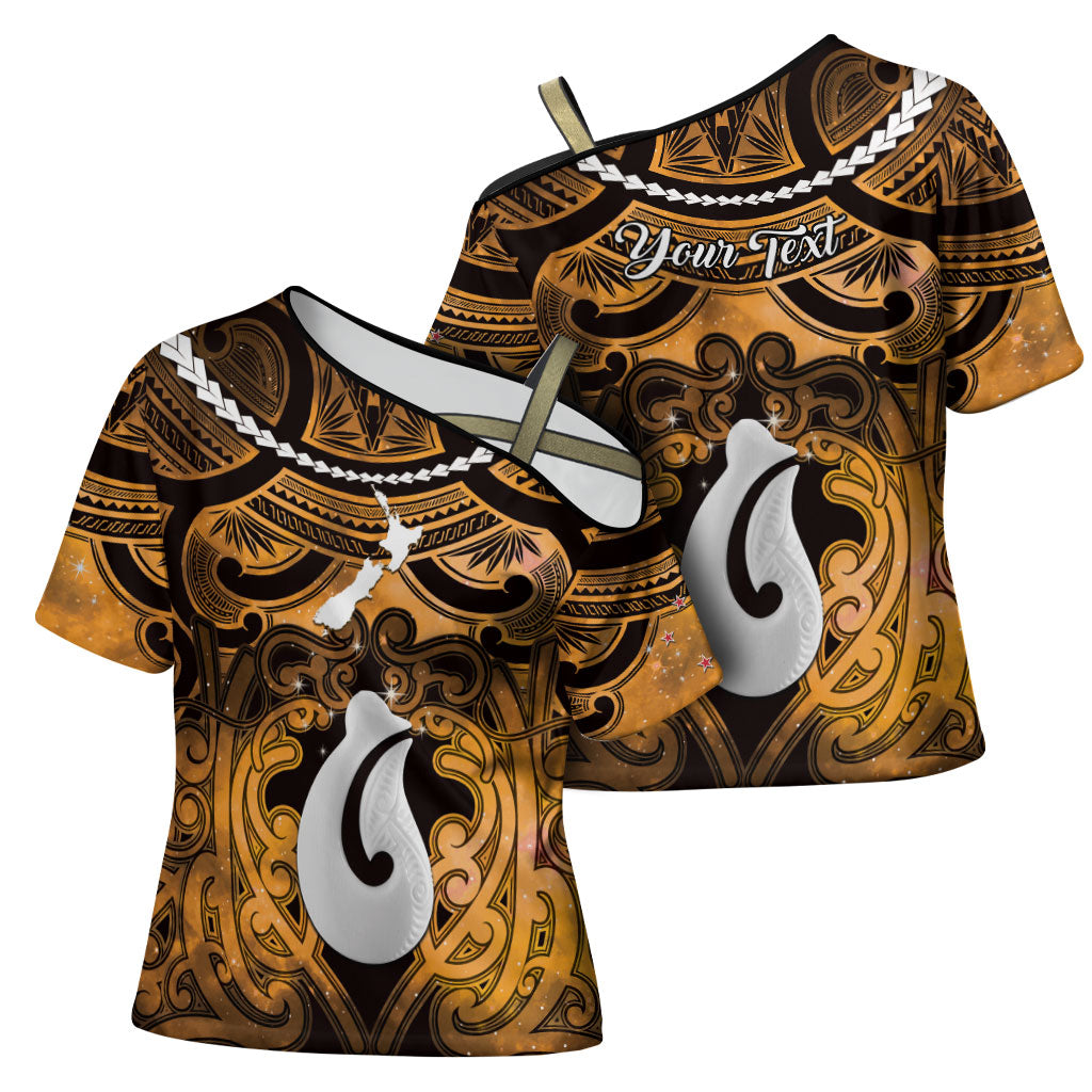 Personalised Maori Matariki Hei Matau Kowhai Cross Shoulder Shirt Maori Kowhaiwhai Pattern Galaxy LT01 - Polynesian Pride