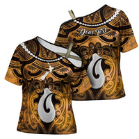Personalised Maori Matariki Hei Matau Kowhai Cross Shoulder Shirt Maori Kowhaiwhai Pattern Galaxy LT01 - Polynesian Pride