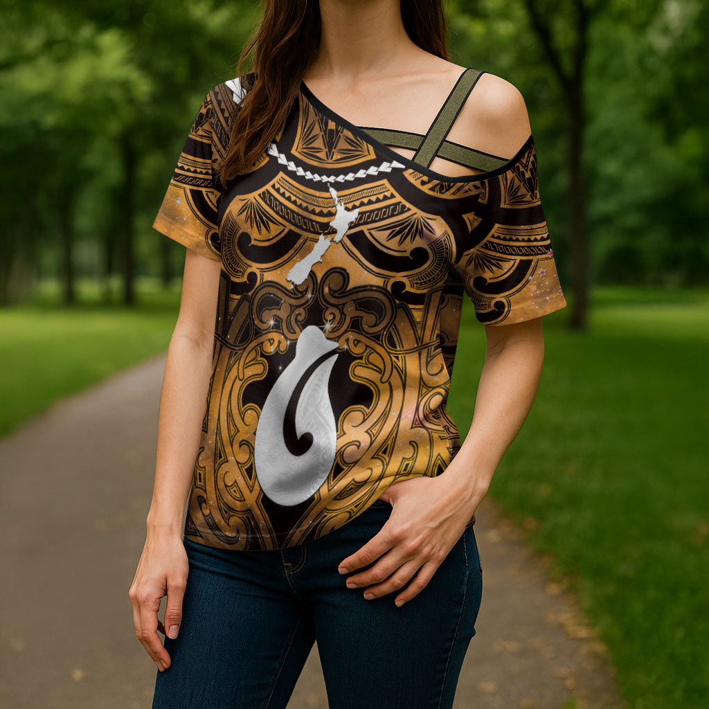 Personalised Maori Matariki Hei Matau Kowhai Cross Shoulder Shirt Maori Kowhaiwhai Pattern Galaxy LT01 - Polynesian Pride