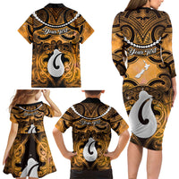 Personalised Maori Matariki Hei Matau Kowhai Family Matching Long Sleeve Bodycon Dress and Hawaiian Shirt Maori Kowhaiwhai Pattern Galaxy