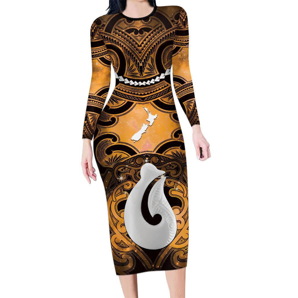 Personalised Maori Matariki Hei Matau Kowhai Family Matching Long Sleeve Bodycon Dress and Hawaiian Shirt Maori Kowhaiwhai Pattern Galaxy