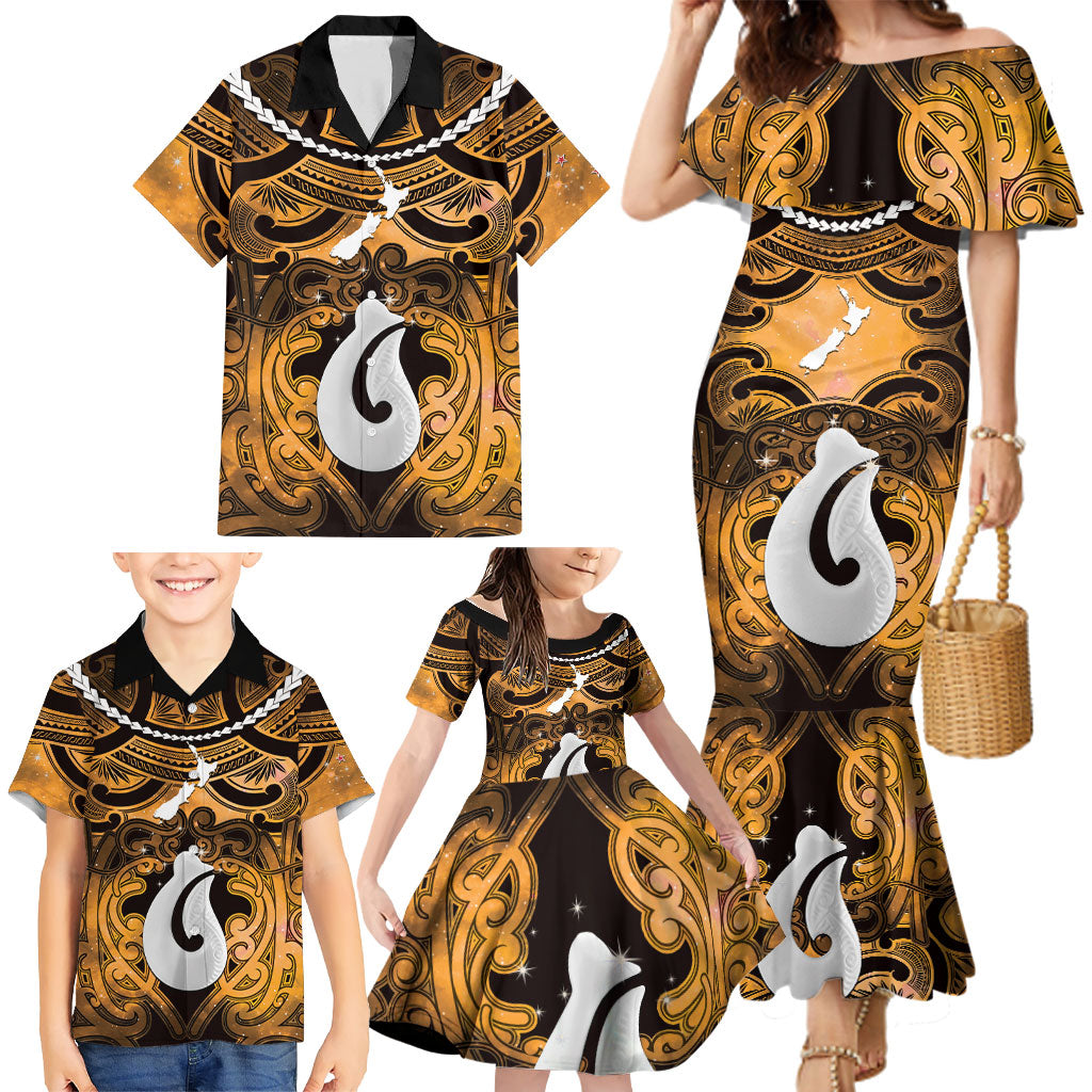 Personalised Maori Matariki Hei Matau Kowhai Family Matching Mermaid Dress and Hawaiian Shirt Maori Kowhaiwhai Pattern Galaxy