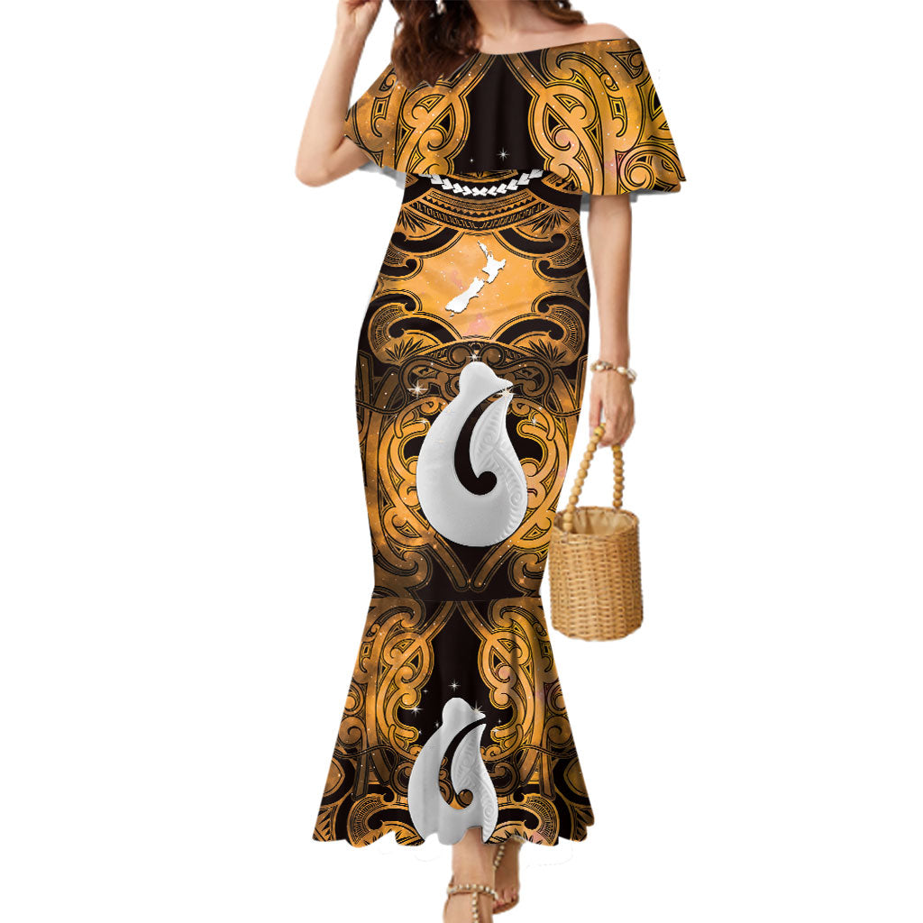 Personalised Maori Matariki Hei Matau Kowhai Family Matching Mermaid Dress and Hawaiian Shirt Maori Kowhaiwhai Pattern Galaxy
