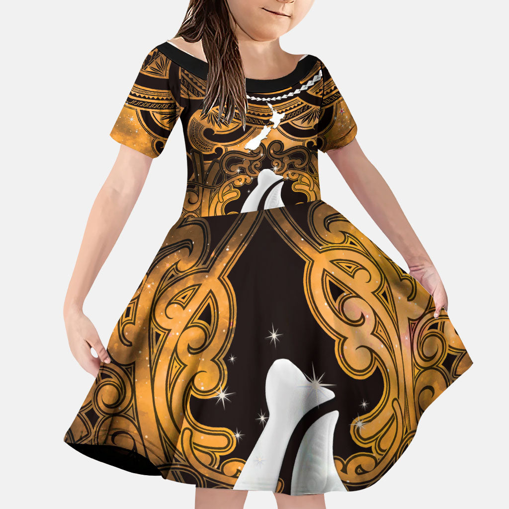 Personalised Maori Matariki Hei Matau Kowhai Family Matching Off The Shoulder Long Sleeve Dress and Hawaiian Shirt Maori Kowhaiwhai Pattern Galaxy