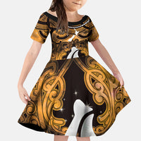Personalised Maori Matariki Hei Matau Kowhai Family Matching Off The Shoulder Long Sleeve Dress and Hawaiian Shirt Maori Kowhaiwhai Pattern Galaxy