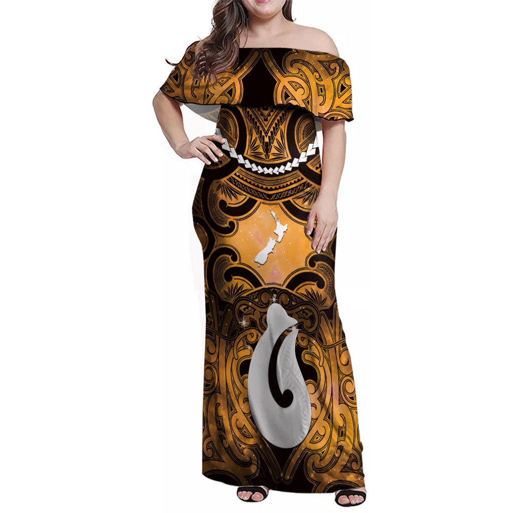 Personalised Maori Matariki Hei Matau Kowhai Family Matching Off Shoulder Maxi Dress and Hawaiian Shirt Maori Kowhaiwhai Pattern Galaxy