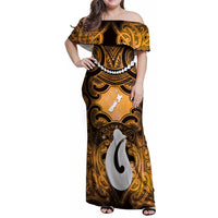 Personalised Maori Matariki Hei Matau Kowhai Family Matching Off Shoulder Maxi Dress and Hawaiian Shirt Maori Kowhaiwhai Pattern Galaxy