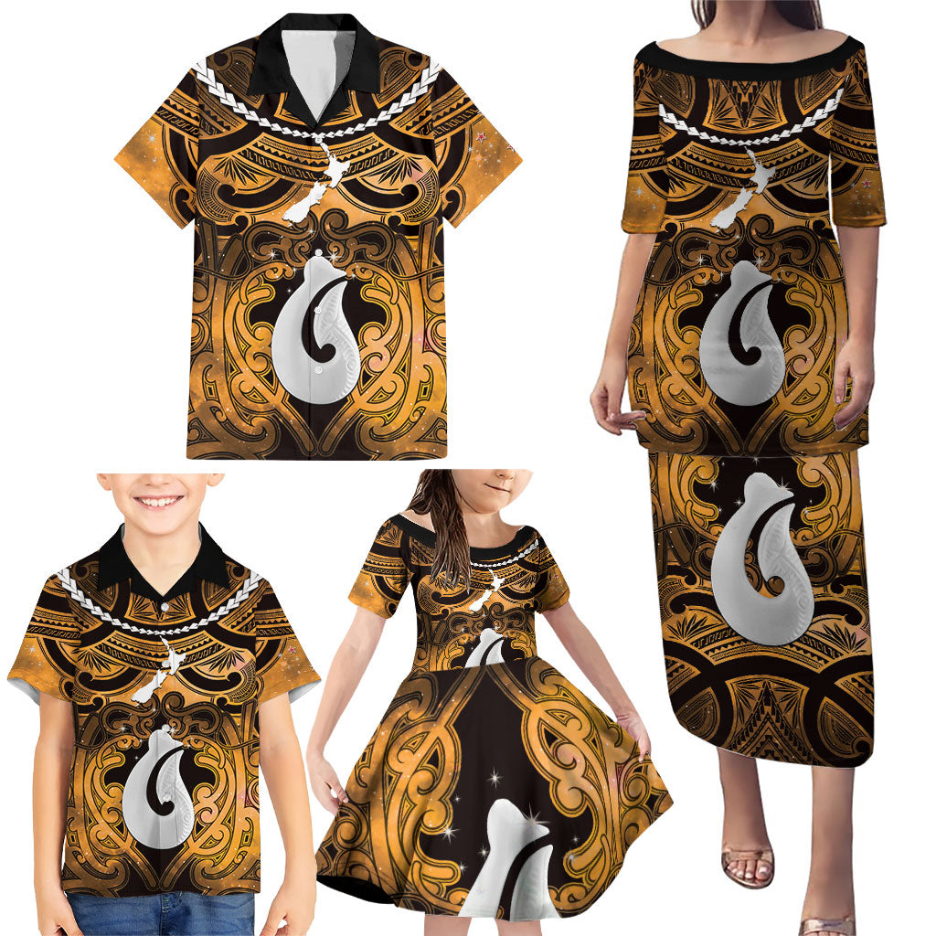 Personalised Maori Matariki Hei Matau Kowhai Family Matching Puletasi and Hawaiian Shirt Maori Kowhaiwhai Pattern Galaxy