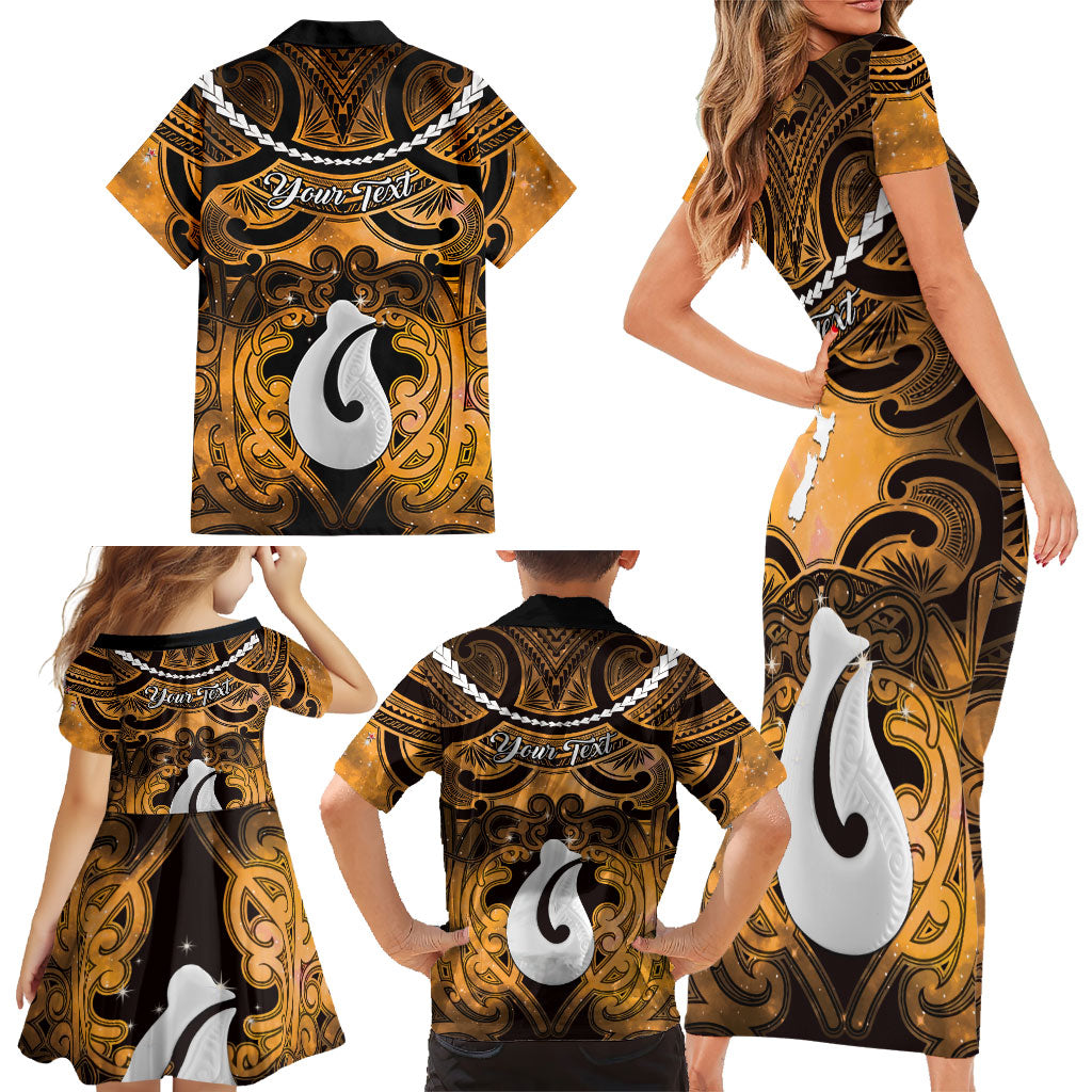 Personalised Maori Matariki Hei Matau Kowhai Family Matching Short Sleeve Bodycon Dress and Hawaiian Shirt Maori Kowhaiwhai Pattern Galaxy