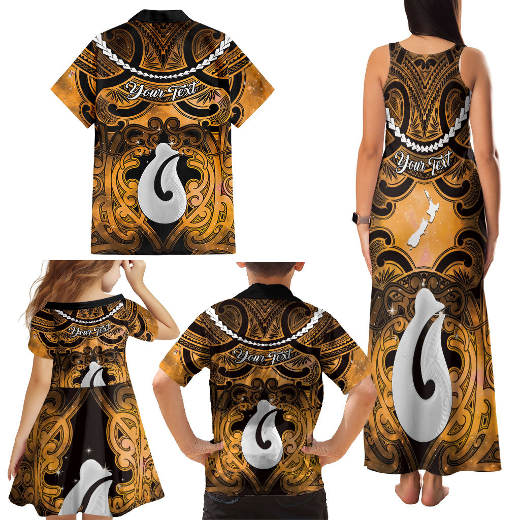 Personalised Maori Matariki Hei Matau Kowhai Family Matching Tank Maxi Dress and Hawaiian Shirt Maori Kowhaiwhai Pattern Galaxy