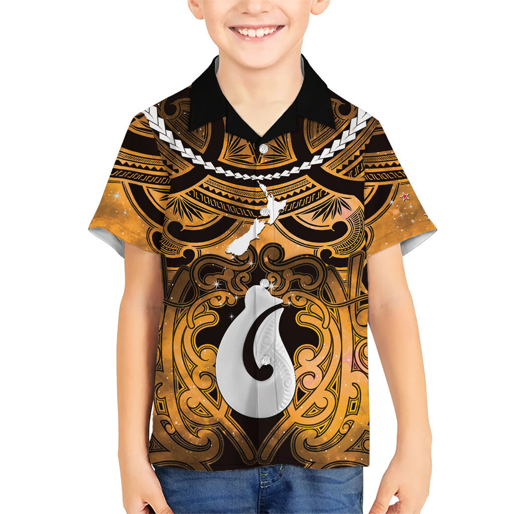 Personalised Maori Matariki Hei Matau Kowhai Kid Hawaiian Shirt Maori Kowhaiwhai Pattern Galaxy LT01 Kid Yellow - Polynesian Pride