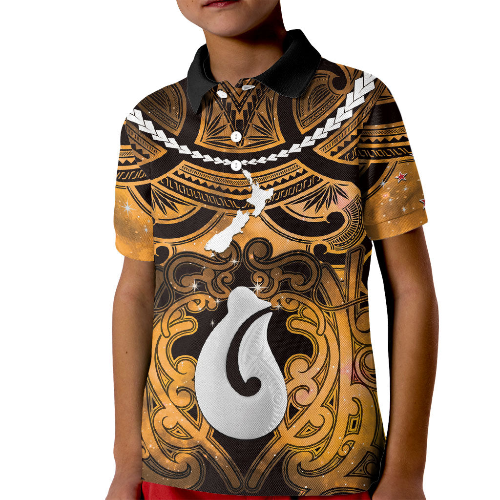 Personalised Maori Matariki Hei Matau Kowhai Kid Polo Shirt Maori Kowhaiwhai Pattern Galaxy LT01 Kid Yellow - Polynesian Pride