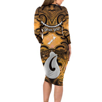 Personalised Maori Matariki Hei Matau Kowhai Long Sleeve Bodycon Dress Maori Kowhaiwhai Pattern Galaxy