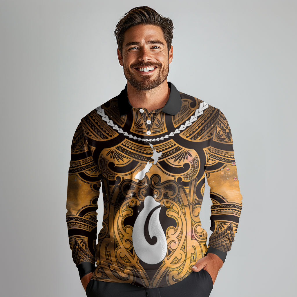 Personalised Maori Matariki Hei Matau Kowhai Long Sleeve Polo Shirt Maori Kowhaiwhai Pattern Galaxy