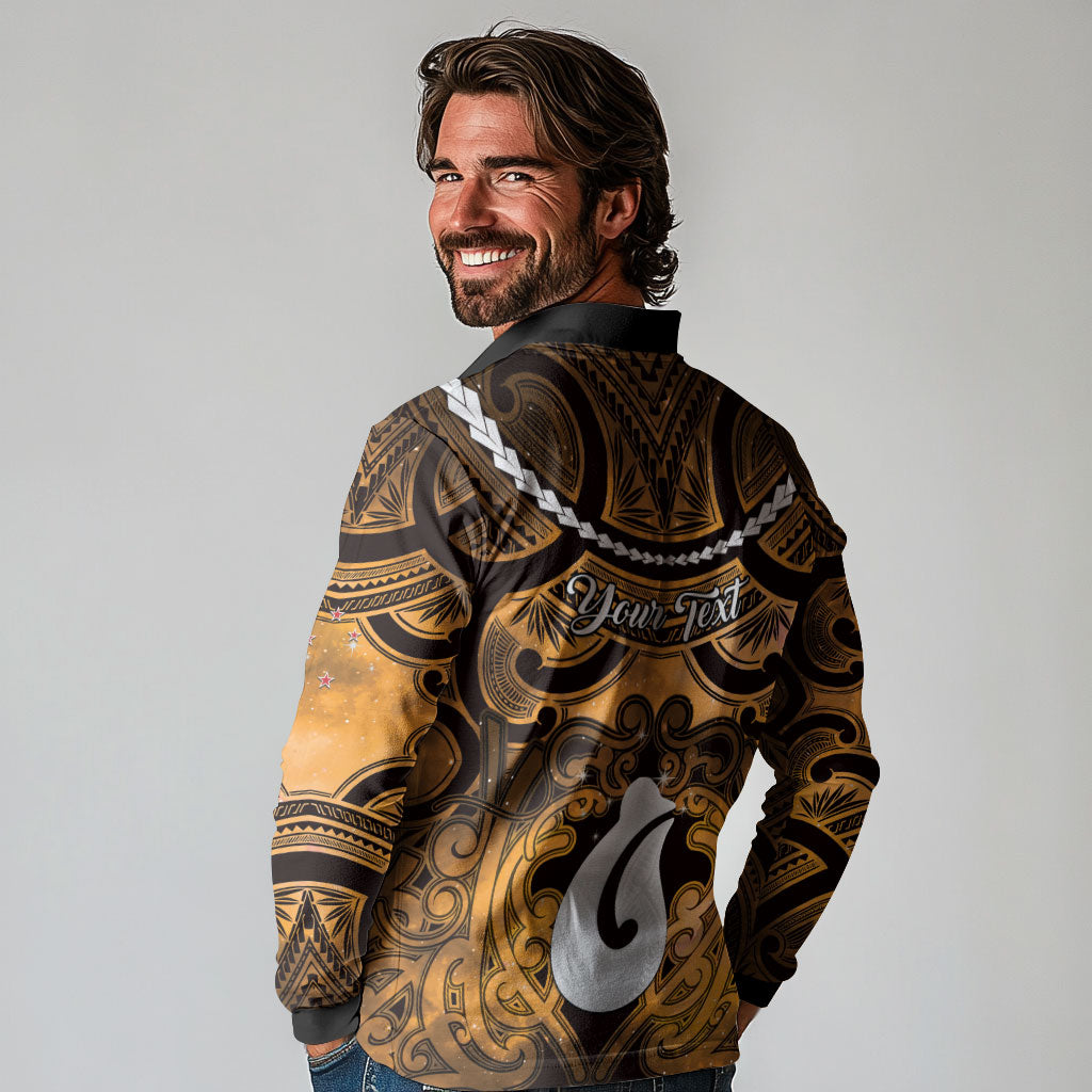 Personalised Maori Matariki Hei Matau Kowhai Long Sleeve Polo Shirt Maori Kowhaiwhai Pattern Galaxy