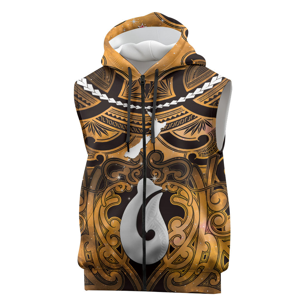 Personalised Maori Matariki Hei Matau Kowhai Sleeveless Zip Hoodie Maori Kowhaiwhai Pattern Galaxy LT01 Yellow - Polynesian Pride