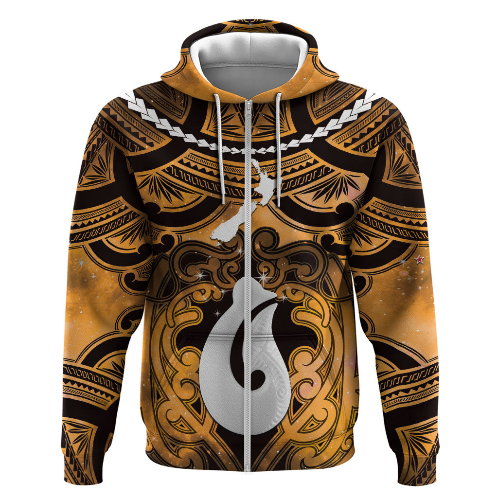 Personalised Maori Matariki Hei Matau Kowhai Zip Hoodie Maori Kowhaiwhai Pattern Galaxy LT01 Zip Hoodie Yellow - Polynesian Pride
