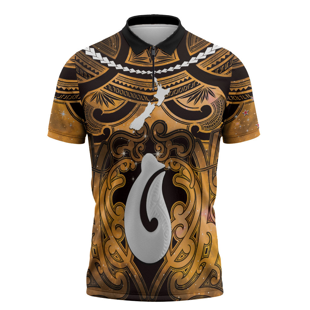 Personalised Maori Matariki Hei Matau Kowhai Zipper Polo Shirt Maori Kowhaiwhai Pattern Galaxy