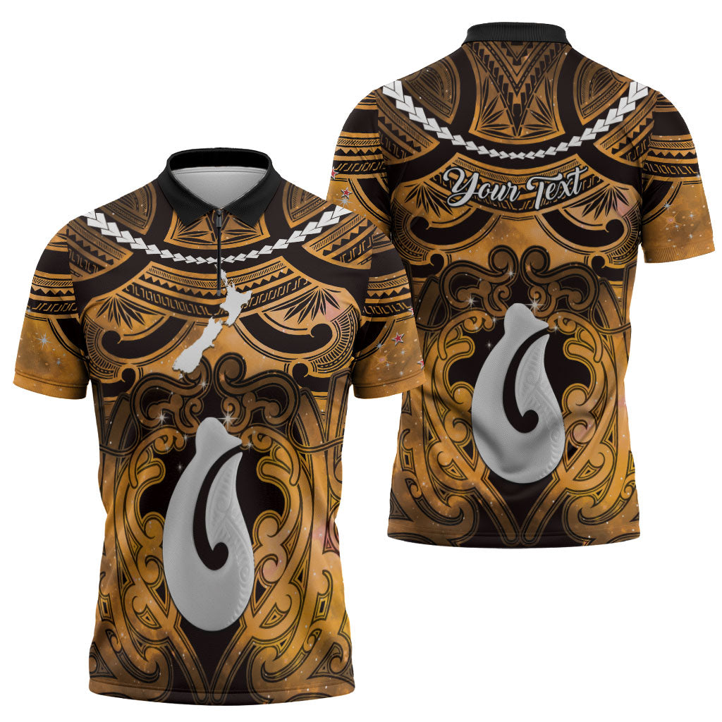 Personalised Maori Matariki Hei Matau Kowhai Zipper Polo Shirt Maori Kowhaiwhai Pattern Galaxy