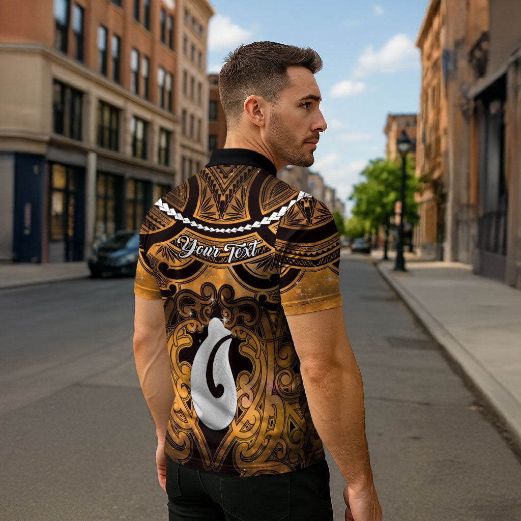Personalised Maori Matariki Hei Matau Kowhai Zipper Polo Shirt Maori Kowhaiwhai Pattern Galaxy