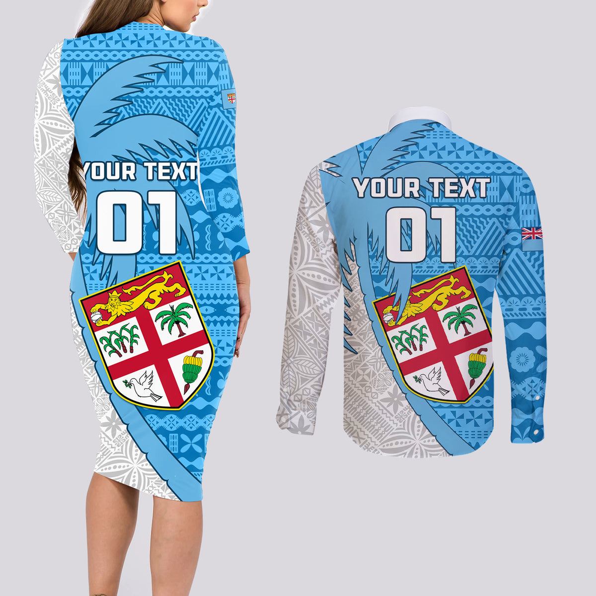 Custom Fiji Rugby Couples Matching Long Sleeve Bodycon Dress and Long Sleeve Button Shirts Come On Fijian Tapa Pattern LT01 - Polynesian Pride