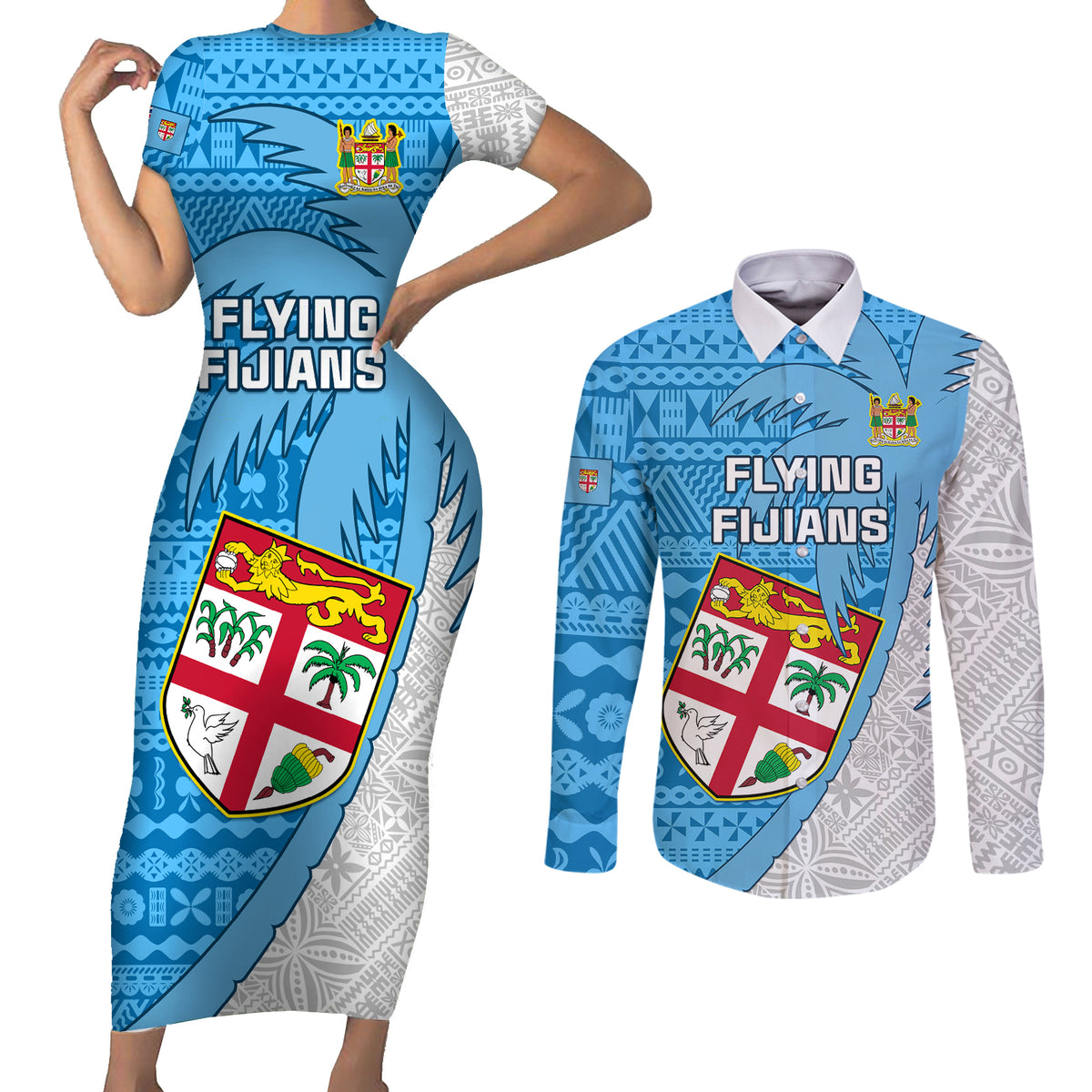 Custom Fiji Rugby Couples Matching Short Sleeve Bodycon Dress and Long Sleeve Button Shirts Come On Fijian Tapa Pattern LT01 Blue - Polynesian Pride
