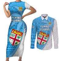 Custom Fiji Rugby Couples Matching Short Sleeve Bodycon Dress and Long Sleeve Button Shirts Come On Fijian Tapa Pattern LT01 Blue - Polynesian Pride