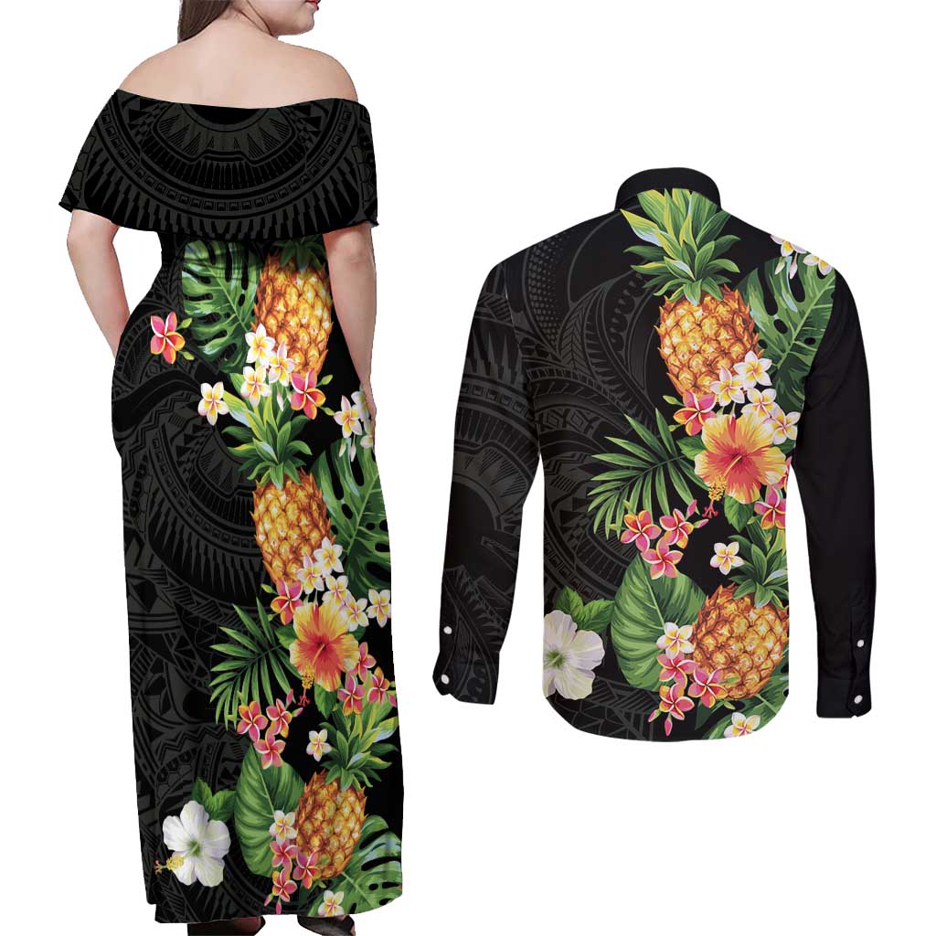Hawaii Pineapple Tropical Couples Matching Off Shoulder Maxi Dress and Long Sleeve Button Shirt Colorful Hibiscus Plumeria