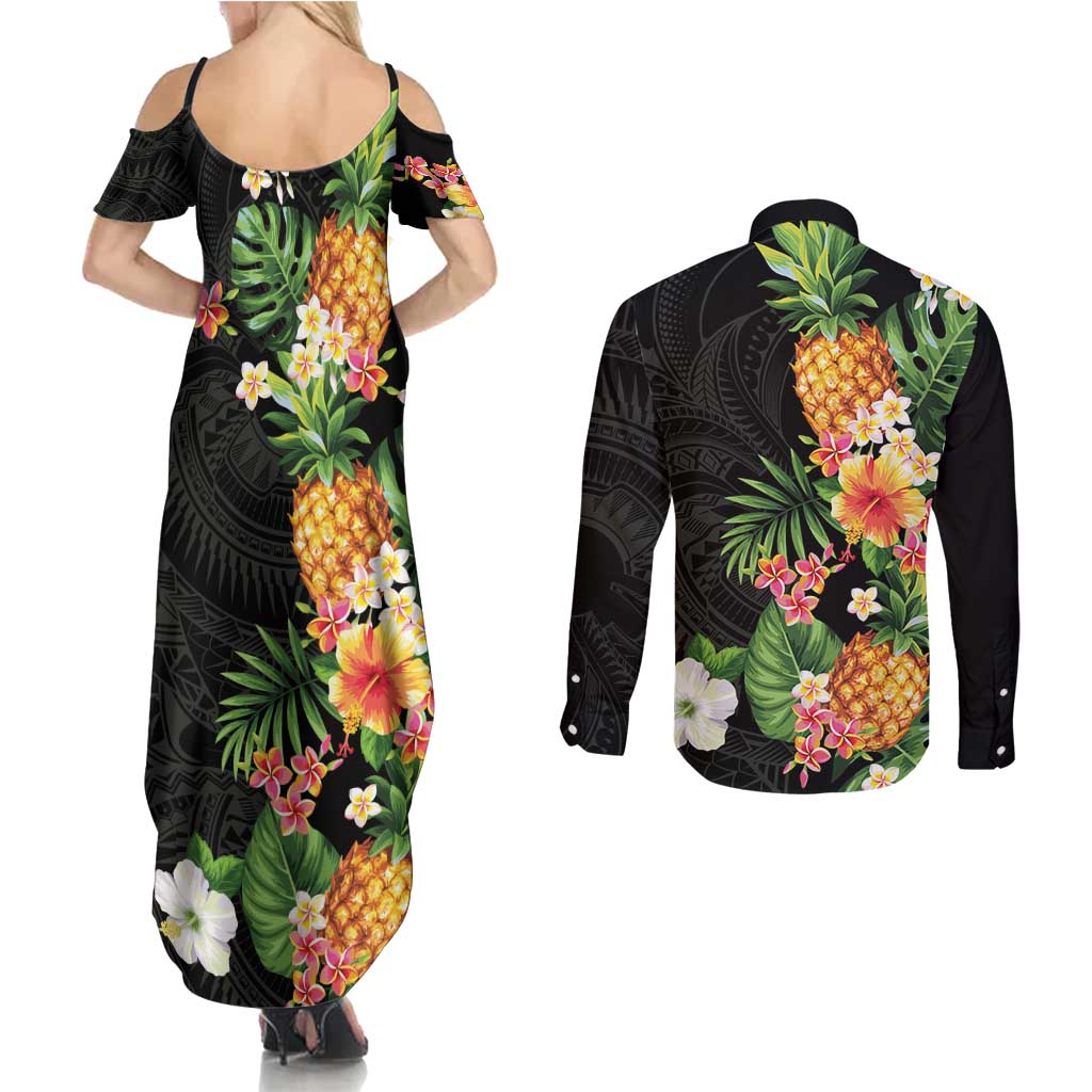 Hawaii Pineapple Tropical Couples Matching Summer Maxi Dress and Long Sleeve Button Shirt Colorful Hibiscus Plumeria