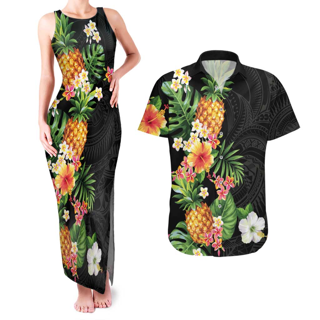 Hawaii Pineapple Tropical Couples Matching Tank Maxi Dress and Hawaiian Shirt Colorful Hibiscus Plumeria