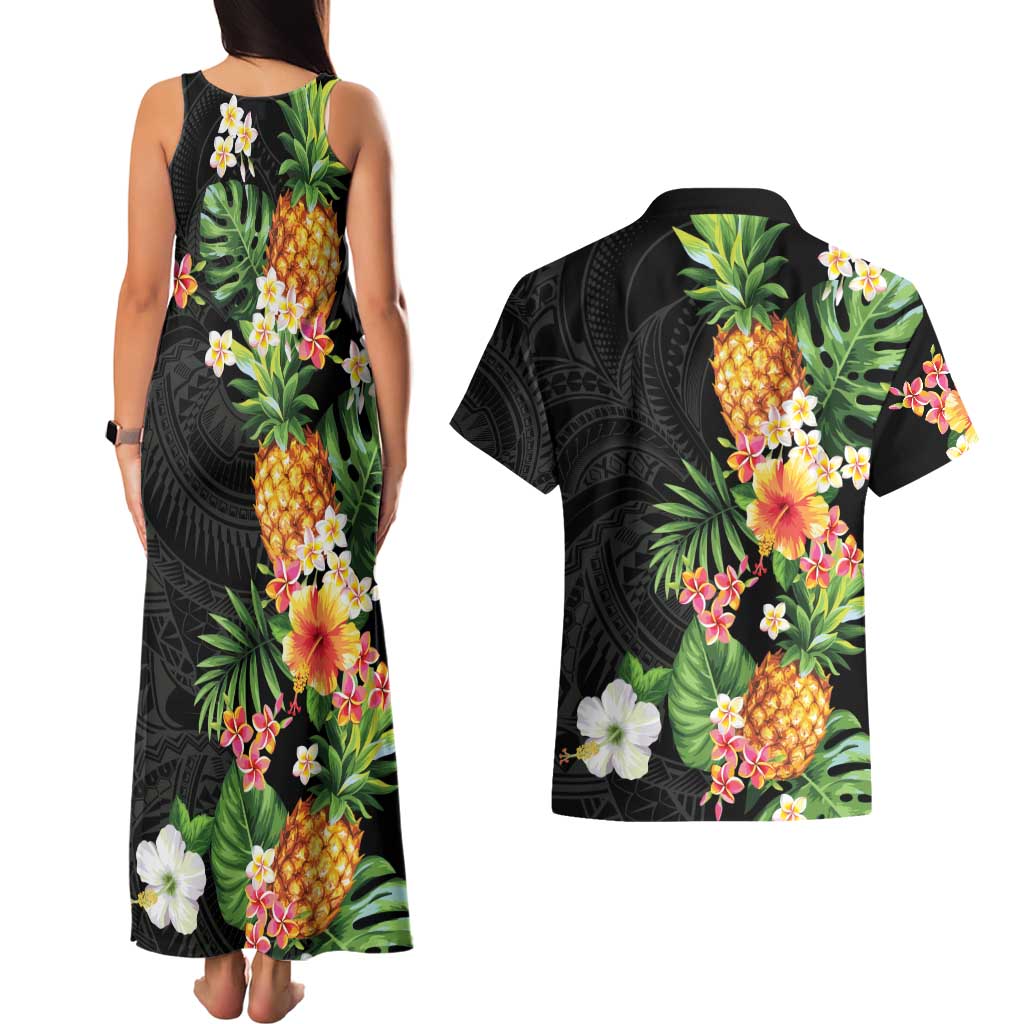 Hawaii Pineapple Tropical Couples Matching Tank Maxi Dress and Hawaiian Shirt Colorful Hibiscus Plumeria