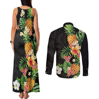 Hawaii Pineapple Tropical Couples Matching Tank Maxi Dress and Long Sleeve Button Shirt Colorful Hibiscus Plumeria