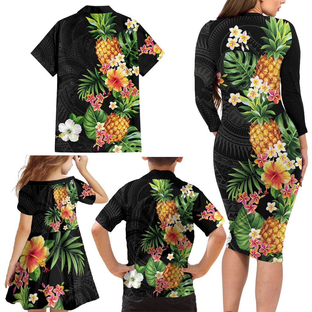 Hawaii Pineapple Tropical Family Matching Long Sleeve Bodycon Dress and Hawaiian Shirt Colorful Hibiscus Plumeria