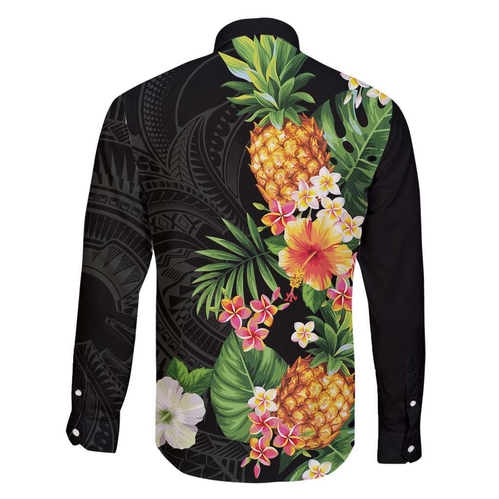 Hawaii Pineapple Tropical Family Matching Long Sleeve Bodycon Dress and Hawaiian Shirt Colorful Hibiscus Plumeria